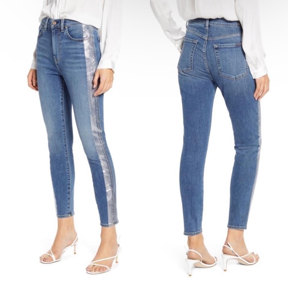7 FOR ALL MANKIND b(air) High Waist Ankle Skinny Glitter Tuxedo Stripe Womens 29